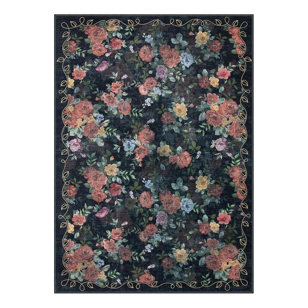 Romantic Classic Floral Rose Garden Black Area Carpet with Rug Inspired Grace and Sophisticated Flower Design for Home Décor