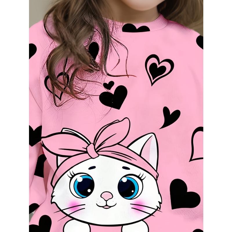 Girls' Summer New Arrival Fashion Heart Print Round Neck Long Sleeve T-Shirt + Casual Patchwork Pants Set with Cute Cat Pattern Two-Piece Outfit