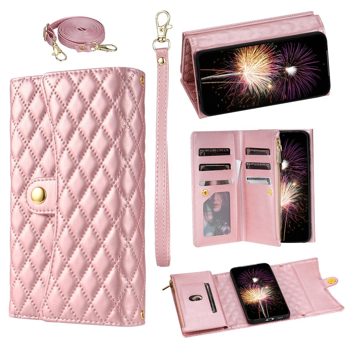 

BKS-002 For Samsung Galaxy S25+ Wallet Case PU Leather Stand Phone Cover with Shoulder Strap Rose Gold