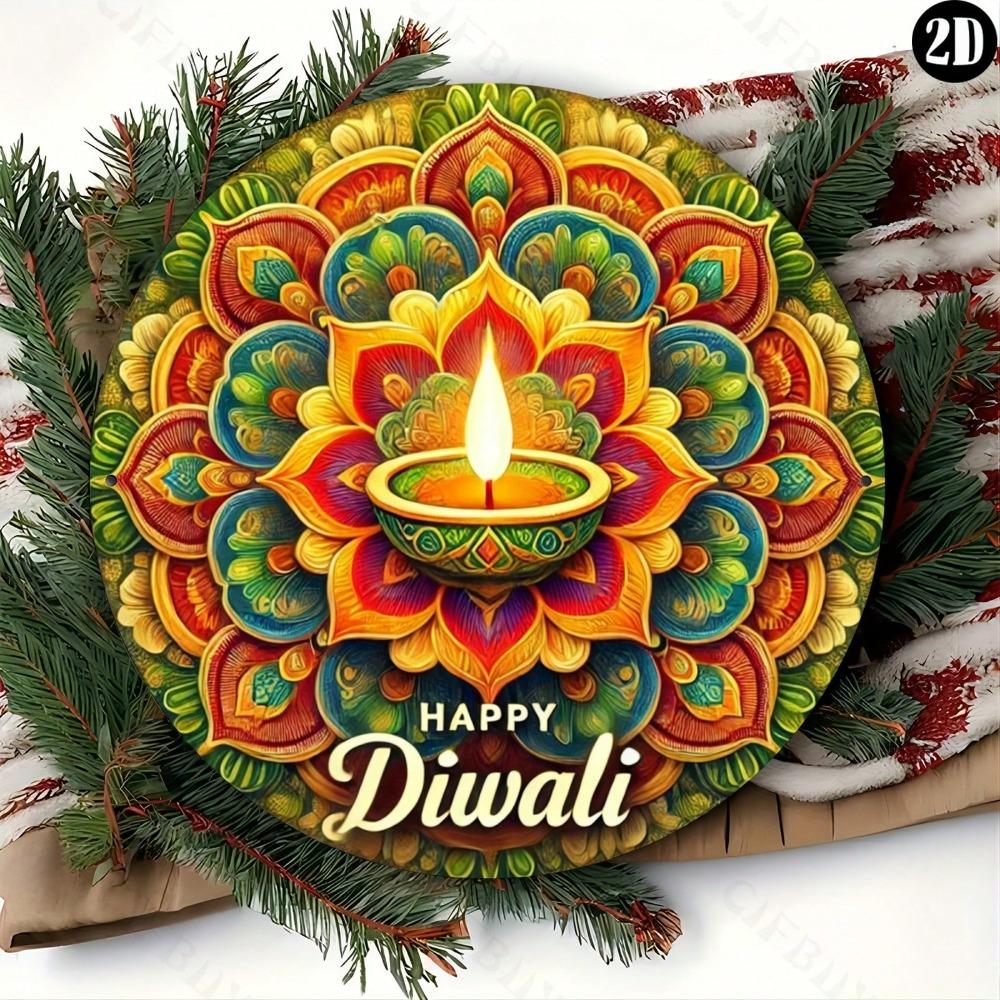 Metal Wall Art Hindu Festival Diwali Round Sign Home Office Decor Durable Aluminum Gift for Cafe Bar Living Room Indoor Outdoor