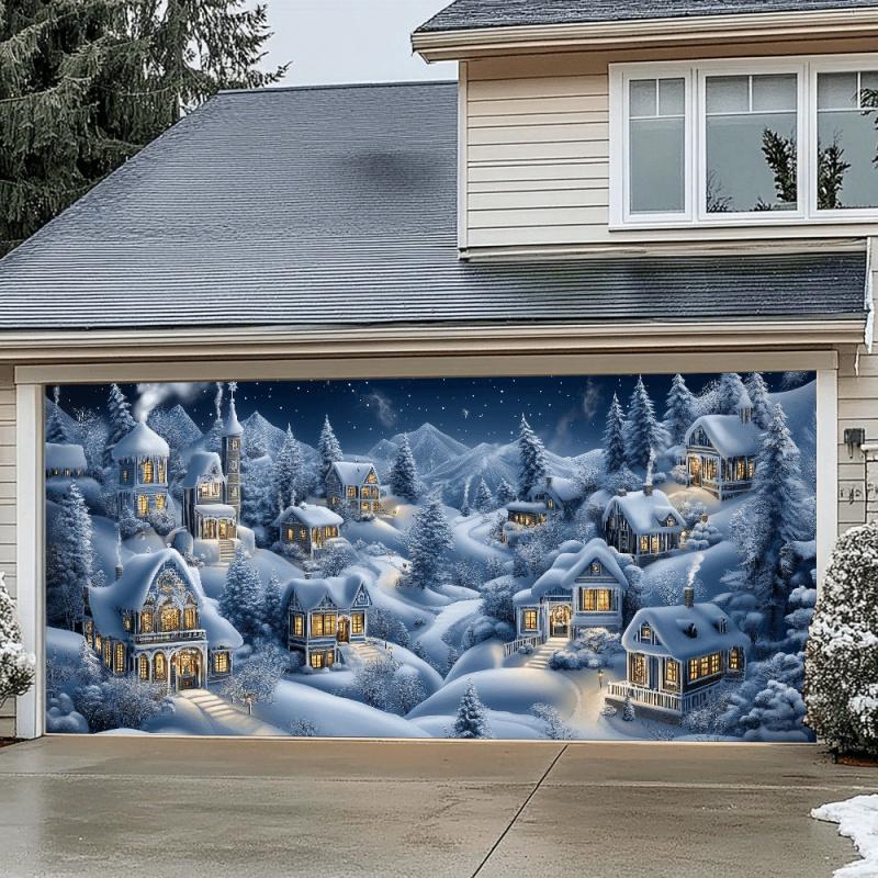 1pc2D flat snow scene Christmas village garage door banner durable holiday decoration no power required wsj