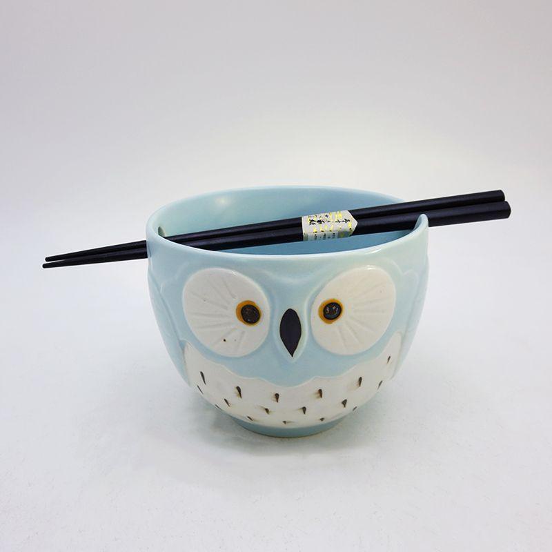 BEPAN Japanese Owl Chopstick Bowl Single Tableware Household Instant Noodles with Perforated Ceramic Simple Rice Bowl