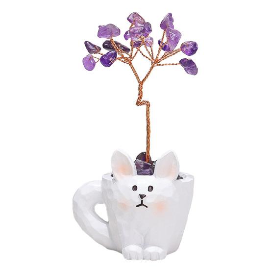 

Small Faux Crystals Tree Mini Money Tree with Cartoon Animal Pot Handmade Copper Wire Feng Shui Ornament for Home Office Desktop A