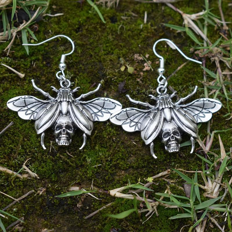 Gothic Skull Moth Earrings: Antique Silver, Punk Style, Women's Statement Accessories