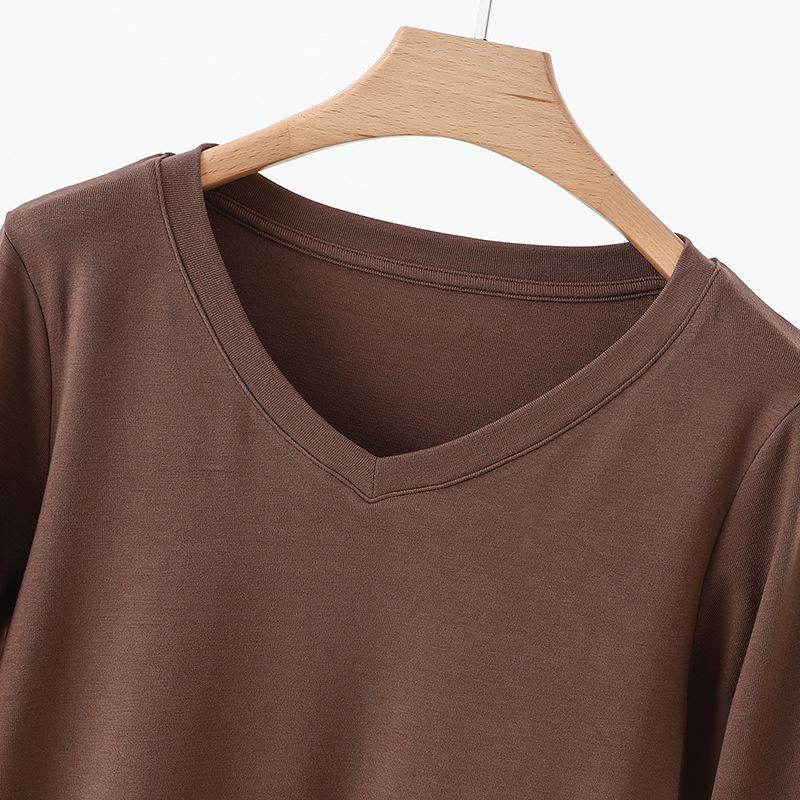 Women's V-Neck Mid-Sleeve Cotton T-Shirt - 2025 Spring/Summer Collection, Fitted Waist, Solid Color