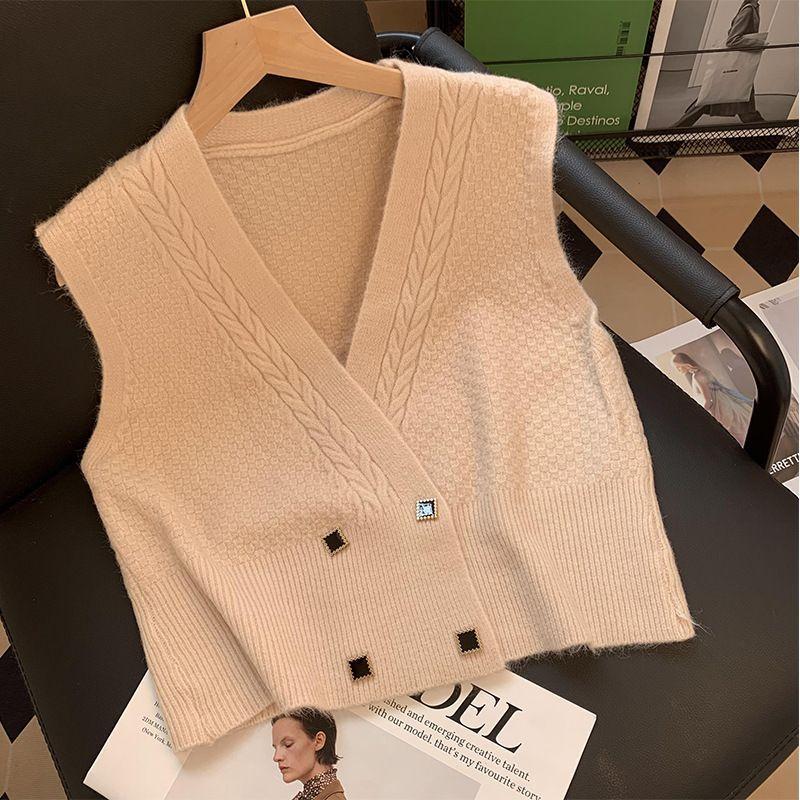 Big V-neck Solid Color Knitted Vest for Women's Outerwear Cardigan Korean Version Sleeveless Jacket for Women