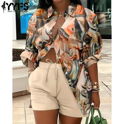 Kadın Modası Günlük İlkbahar Sonbahar Renk Bloklu Baskılı Uzun Kollu POLO Yaka Pantolon Takımları