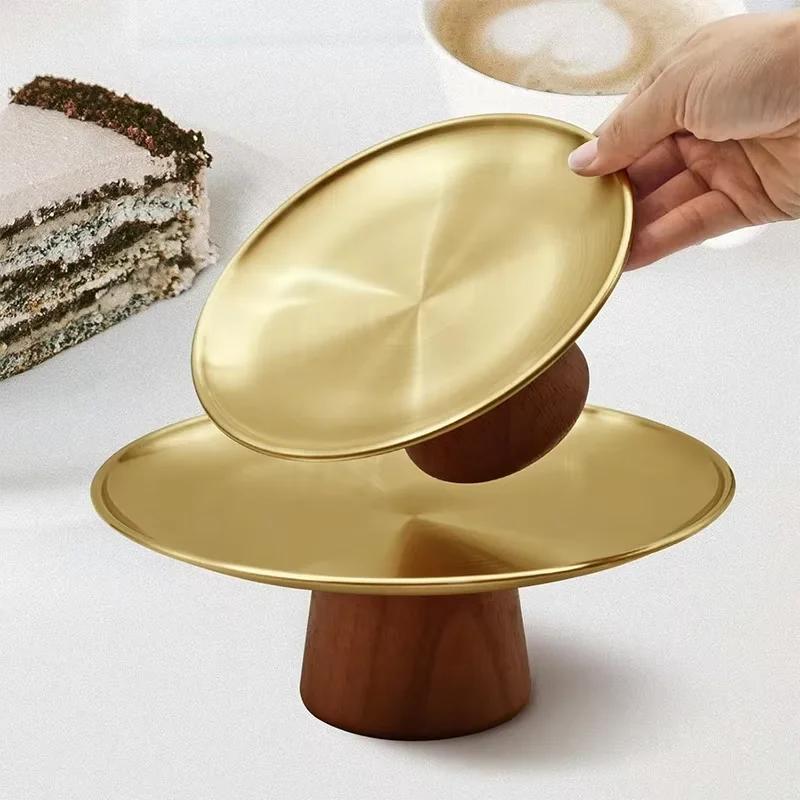Stainless Steel Table Plates Dinnerware Kitchen Fruit Bowl with Wooden Base Partitioned Candy Bread Cake Dessert Trays Tableware