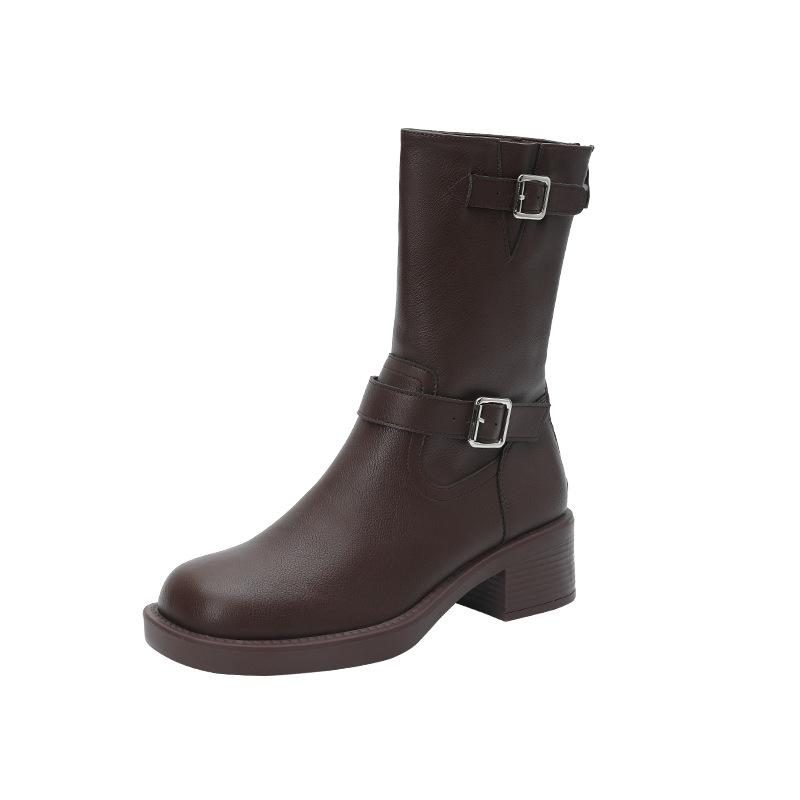 Retro Western Cowboy Boots Women's 2025 Autumn and Winter New Brown Martin Boots Medium and High Thick Heel Knight Boots Short Boots Women