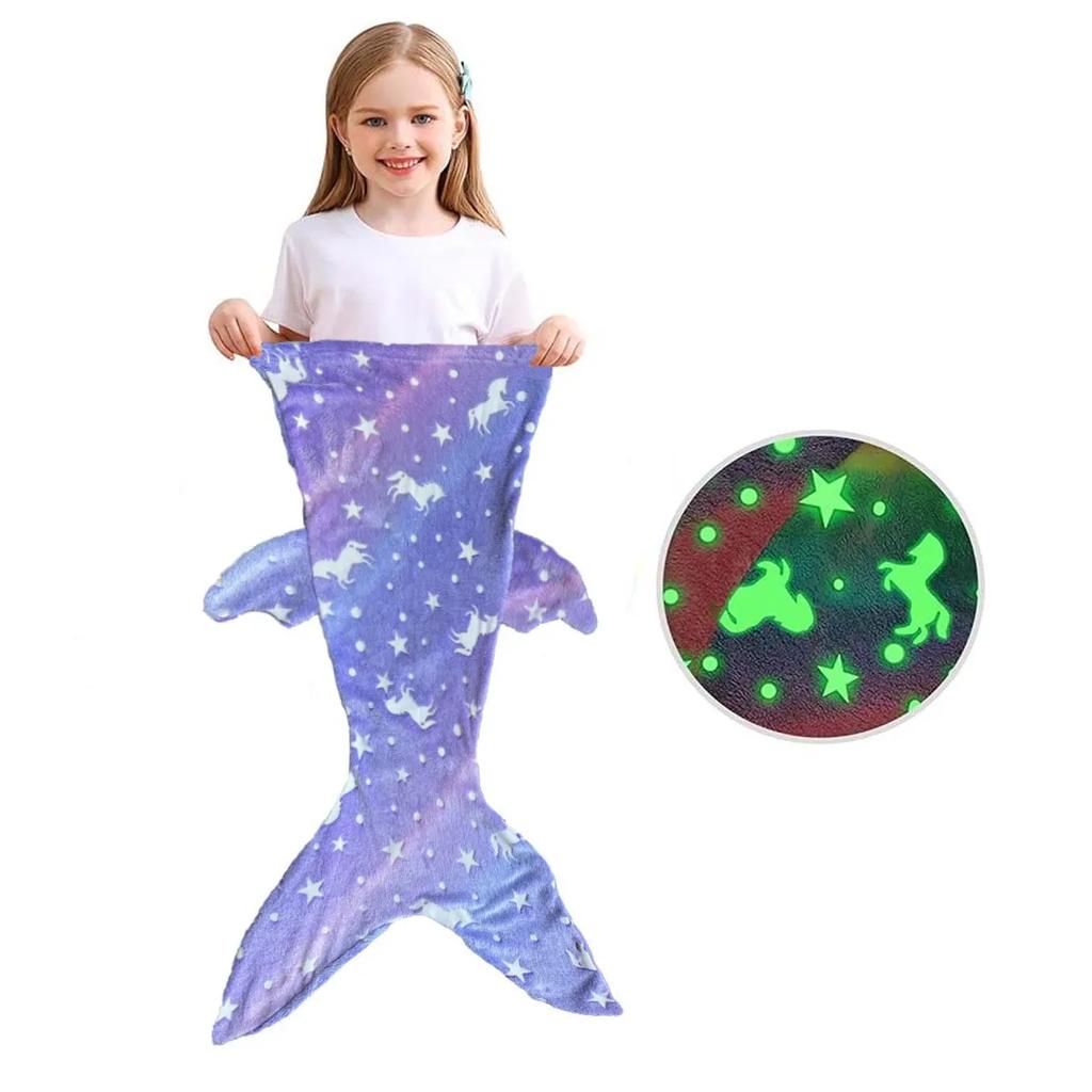 2026 New Night Glow Cartoon Rainbow Unicorn Mermaid Tail Blanket Flannel Wearable Super Soft Glow Gifts for Girls All Seasons