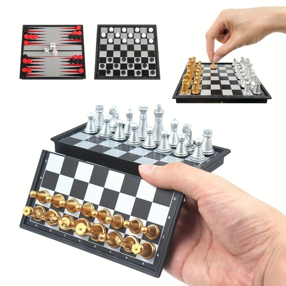 Gold Silver Mini Chess Set Magnetic Pieces Folding Chess Pocket Size Board Game Kids Educational