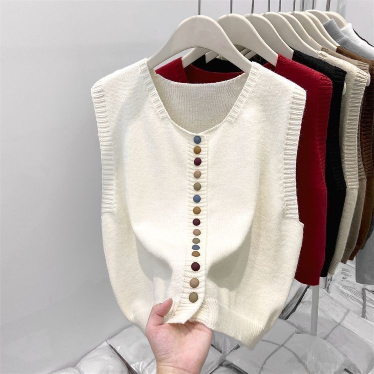 Women's Fashionable Rainbow Button Knitted Unique Layering Crew Neck Vest Loose Sweater Cardigan Top for Spring and Autumn