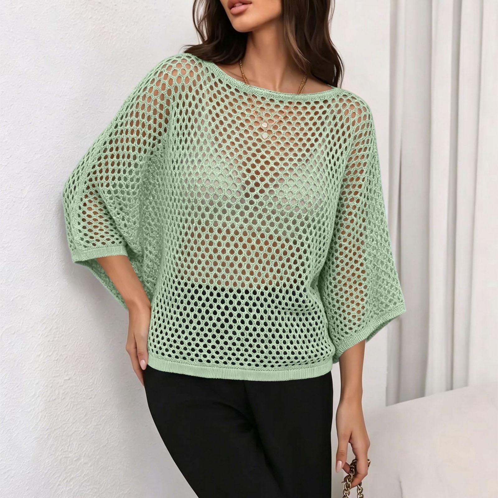 Women s Summer Lace Cover-Up Knit Top, Soft Loose Three-Quarter Sleeve S