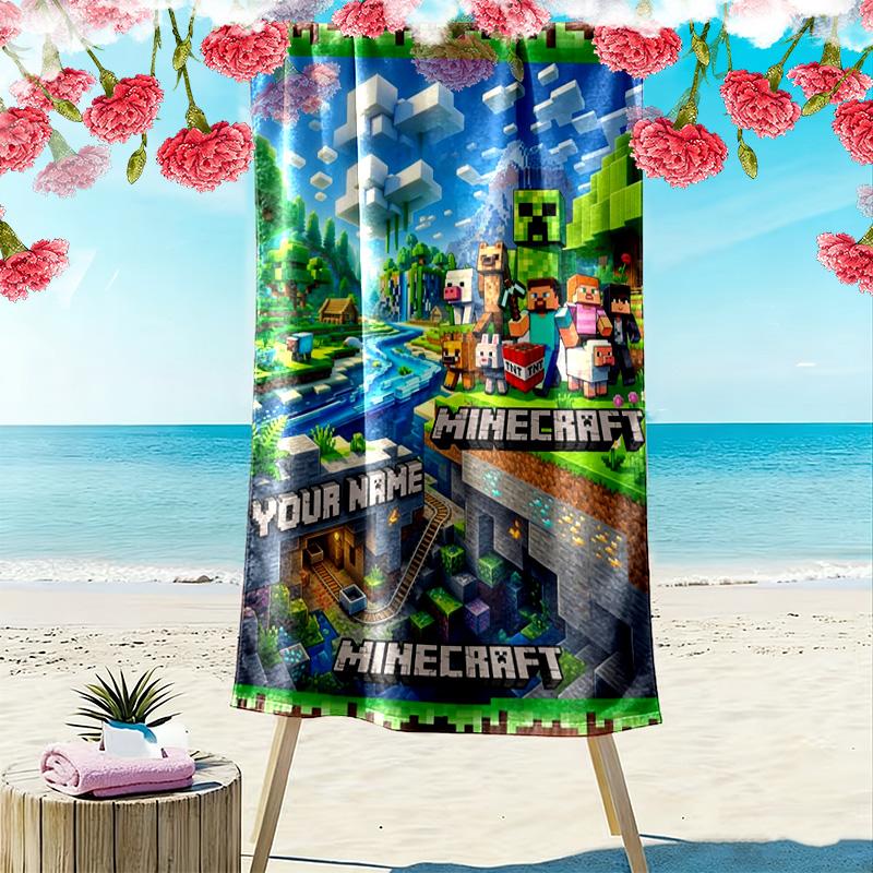 Name Custom Mine World Building Print Beach Towel, Large Soft Quick Dry Towel for Beach Camping Swimming