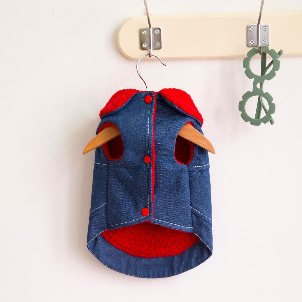Pet dog clothes autumn and winter thickened warm denim cotton-padded clothes with traction ring vest