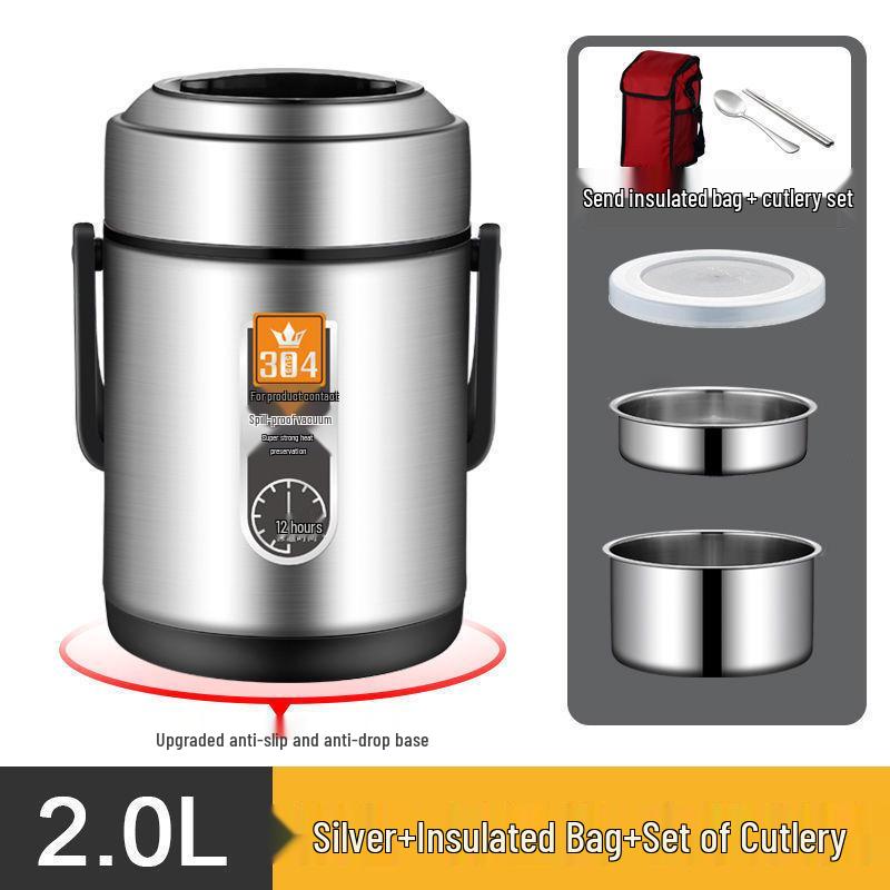 Large Capacity 304 Stainless Steel Double-Layer Insulated Lunch Box with Lid - Food Grade for Office Workers and Students