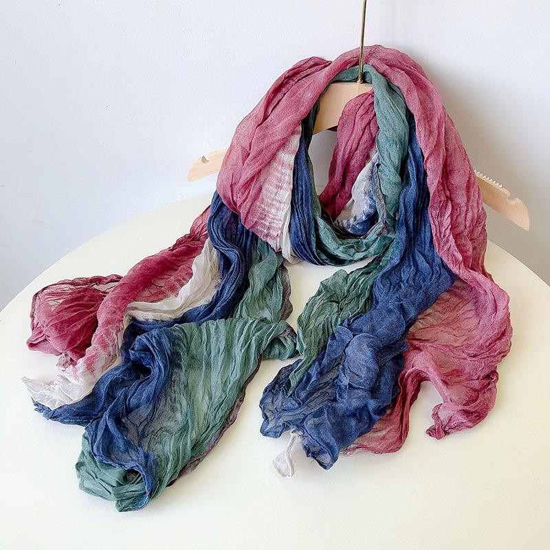 Retro Pleated Color Matching Scarf Soft Versatile Slender Silk Scarf Women'S Autumn And Winter Warm Neck Protection Scarf Shawl