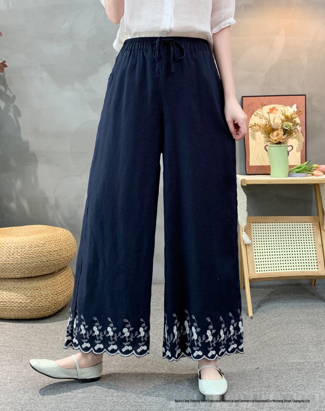 

Linen Embroidered Straight-Leg Pants: 2026 Spring Collection - Comfortable Elastic Waist, Casual, Versatile & Artistic. One Size