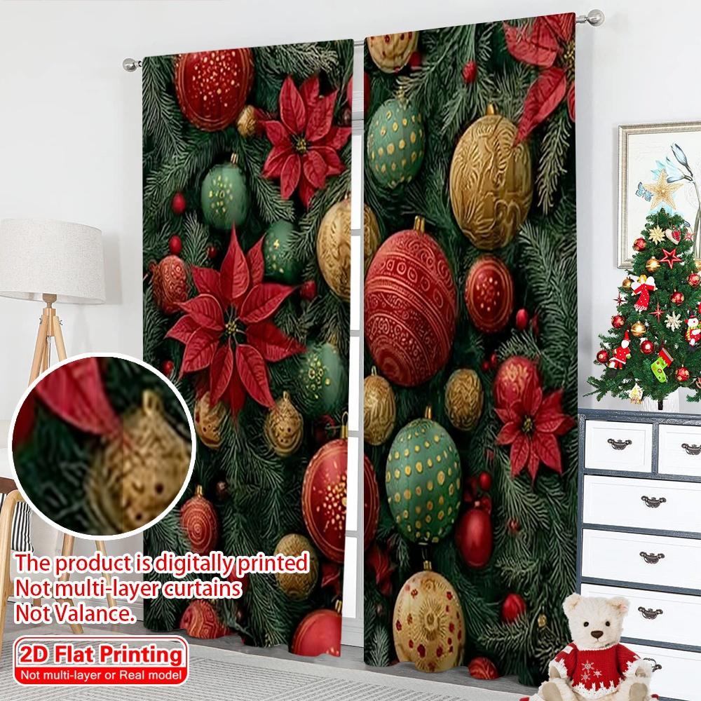 Set Of 2 Flat Printing Fashionable Christmas Curtains Decorations Pine Branch Elements Digital Printed Polyester Drapes Made