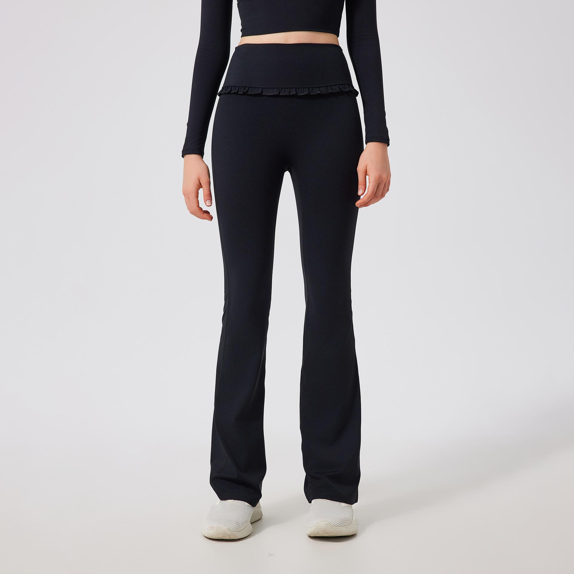 

Спортивные брюки с оборкой по краю, слегка зауженные, женские брюки для йоги с высокой талией, тонкие спортивные расклешенные брюки, облегающие и дышащие, повседневные фитнес-брюки XL чёрный