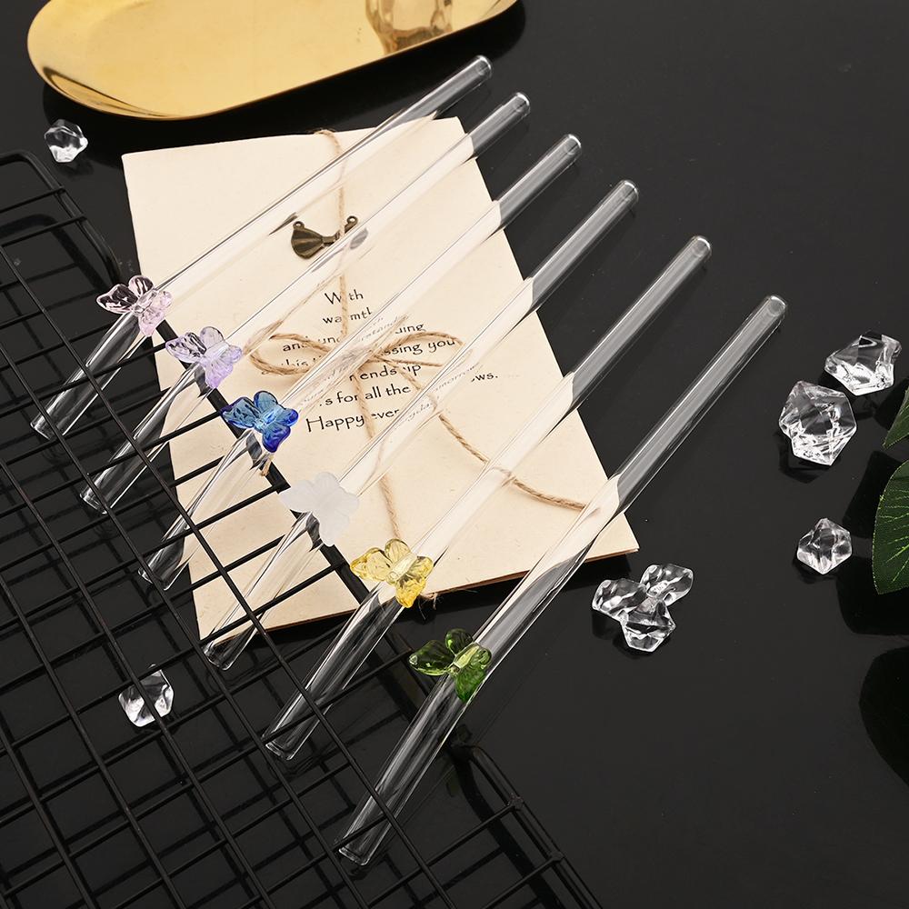 8 Stück Glasstrohhalme mit Schmetterlingsdesign und Bürste 200*8mm Wiederverwendbares Trinkhalm-Set Milchshakes Cocktail Kaffee-Strohhalme Haushalts-Bar-Zubehör