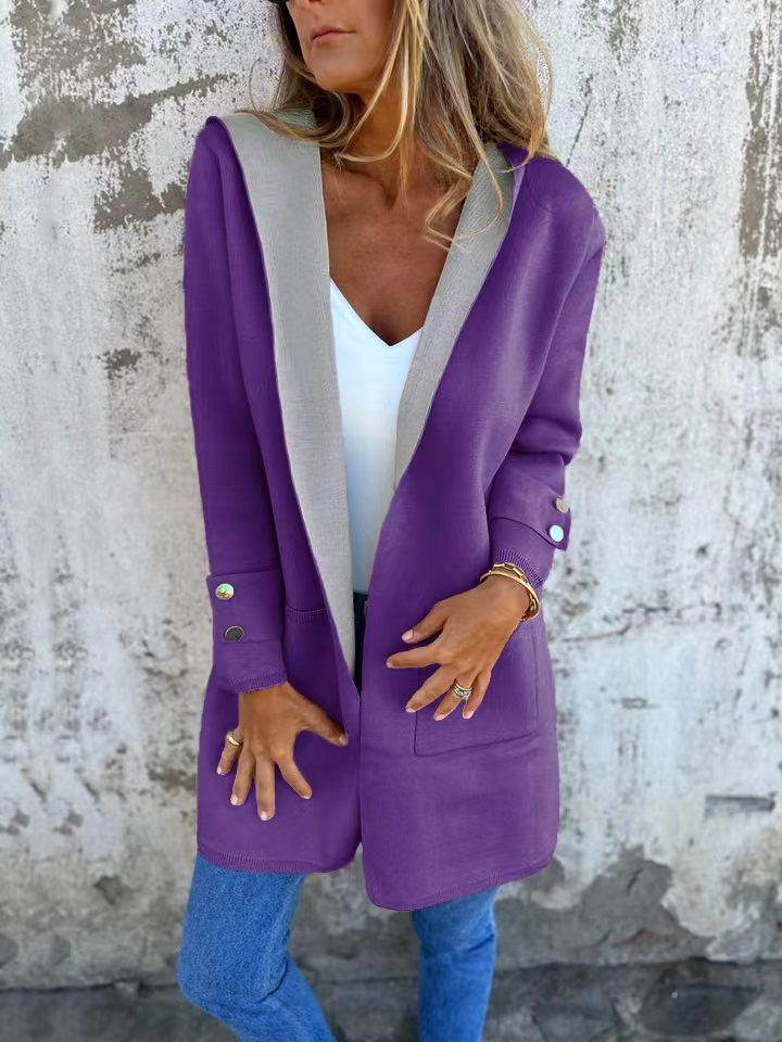 Women's Orange Hooded Cardigan Sweater Casual Long Sleeve Open Front Lightweight Jacket