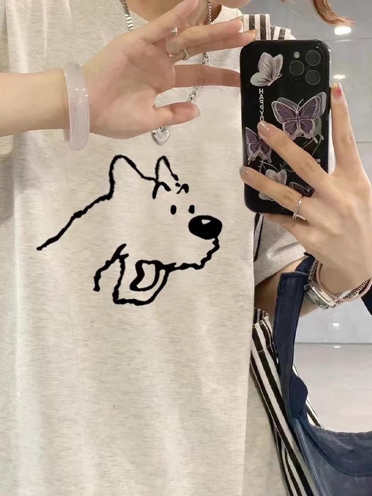 Women's Summer 2025 Gray Loose-Fit Puppy T-shirt - Cute Short Sleeve Pure Cotton