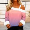 Women's Off-the-shoulder Plush Neck Printed Long-sleeved Pullover T-shirt Top