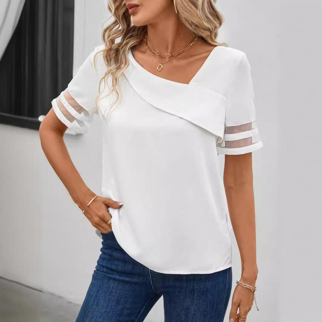 Ladies Summer Short Sleeve Skew Collar Mesh Pullover Shirt Top