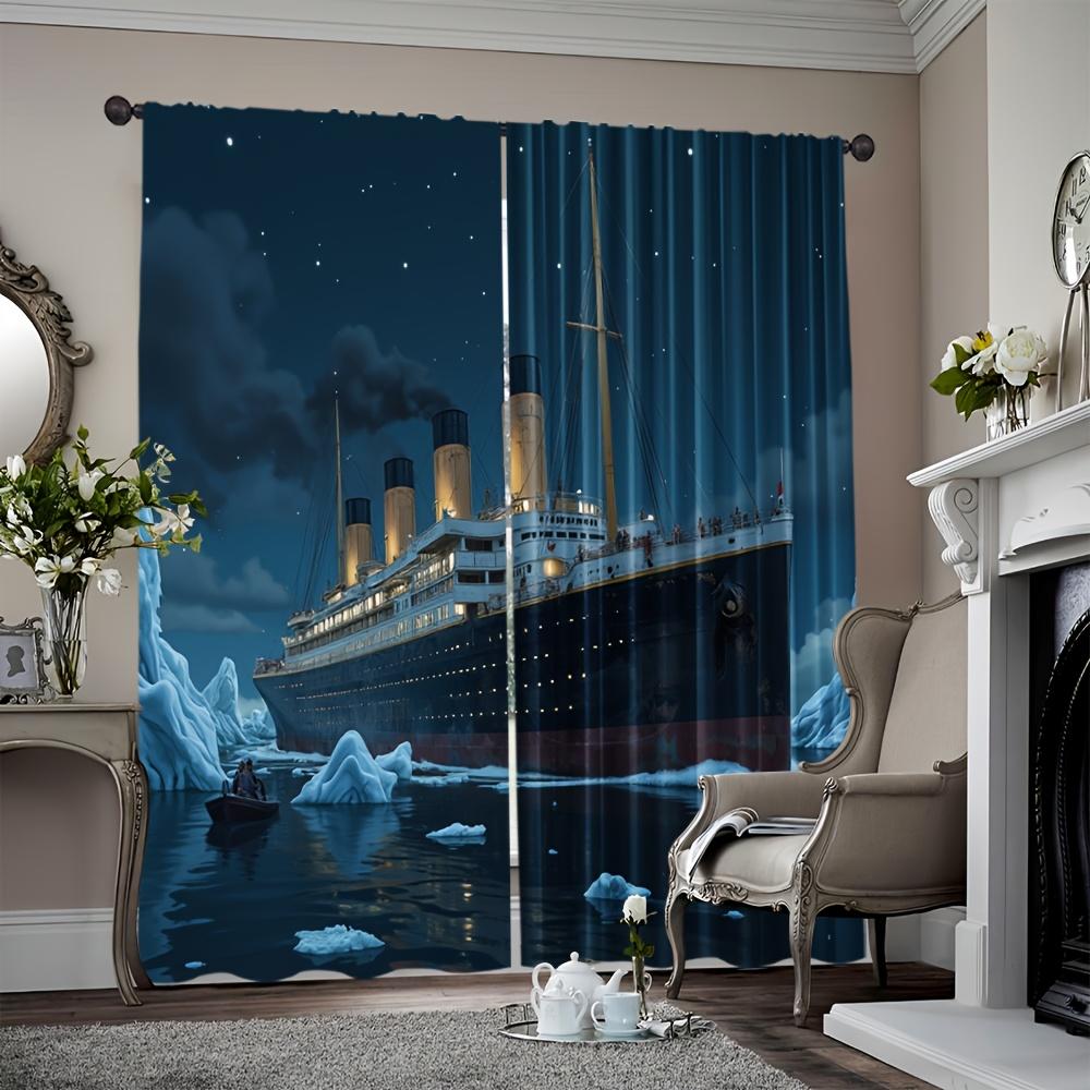 2pcs Titanic-Themed Dark Sheer Curtains – Made of Polyester with Rod Pocket Design, Perfect for Bedroom or Living Room Decor
