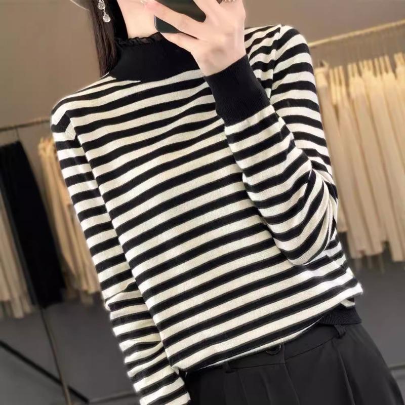 24 Spring Striped Semi-turtleneck Knitted Shoulder Sleeve Bottom Shirt Loose Versatile Pullover Long Sleeve Top