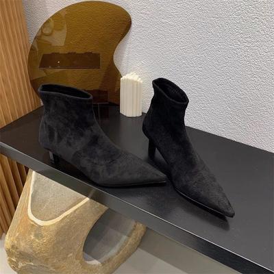 Boots Women's Short Boots and Pointed Skinny Boots Single Boots Women's Versatile Heel Black Elastic Suede Wind Soft Sole Casual Small