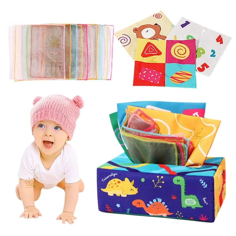 Early Educational Learning Motor Skills Development Gift Idea Infant Tissue Box Toy Montessori Style Tactile Pull Toy 10-count scarf