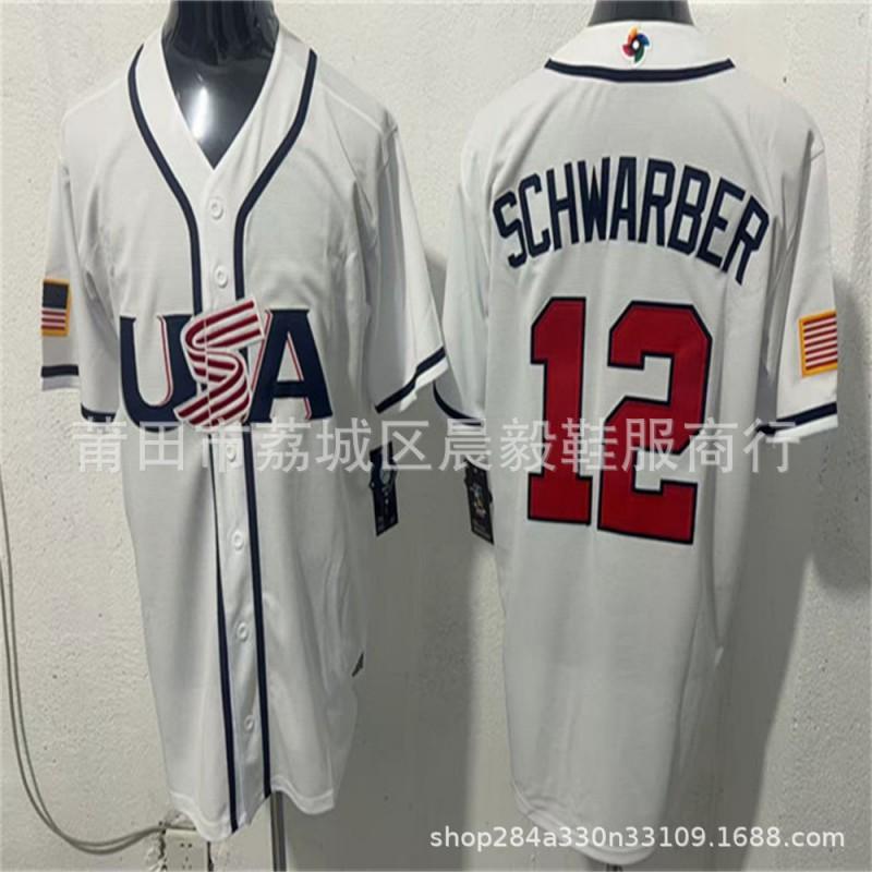 Embroidered USA National Team Baseball Jersey Men - White With Player Numbers 4 7 12 22 27 29 30 99