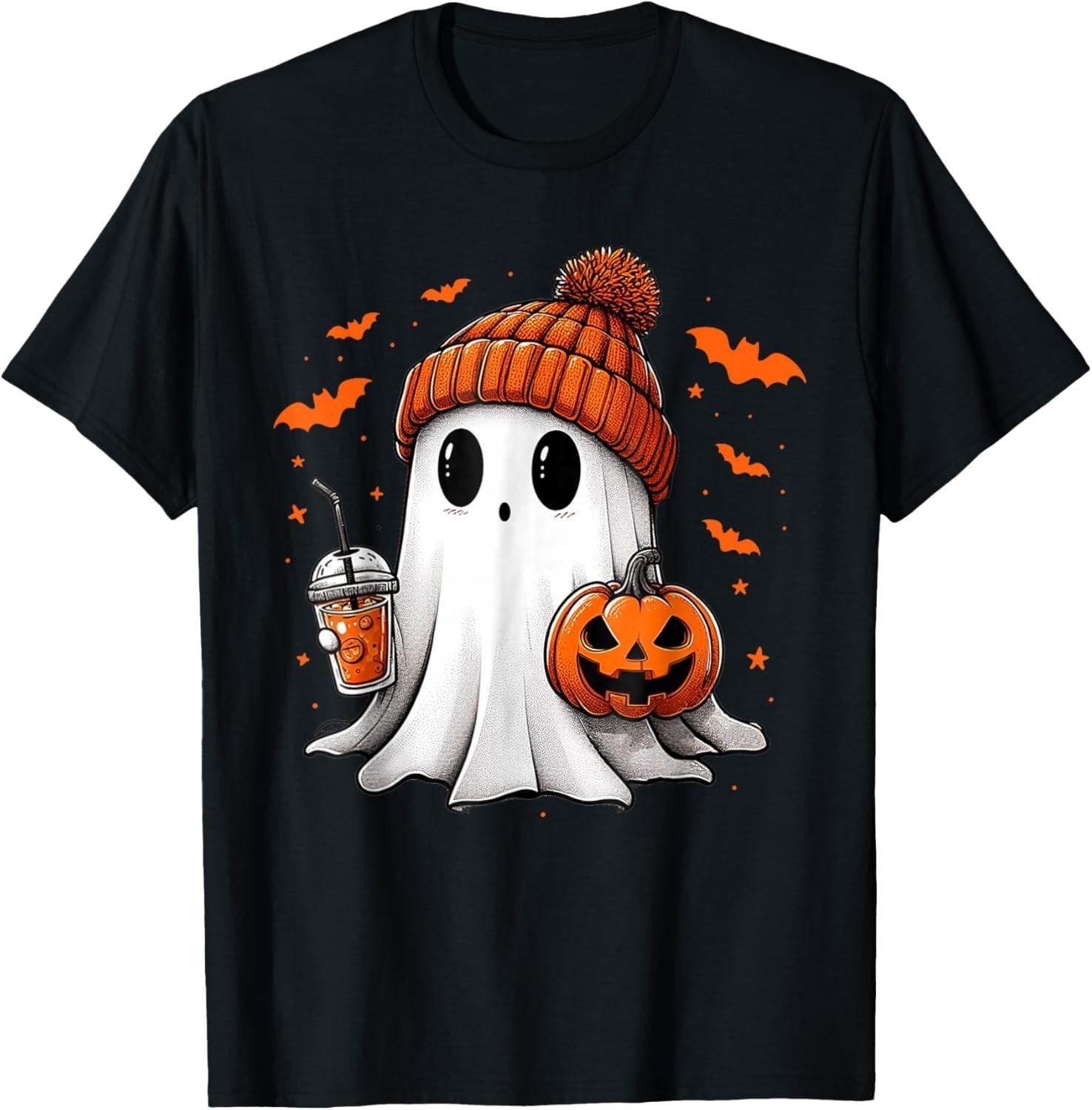 Cute Ghost Drinking Ice Coffee Halloween Pumpkin Mens Womens unisex T-Shirt Mens Womens Tees Top M