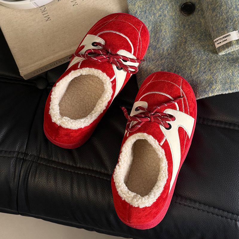 Set of 2 Women's Retro Dexun Cotton Slippers - Autumn/Winter, Lace-Up, Non-Slip, Thick-Soled, Warm & Cozy.