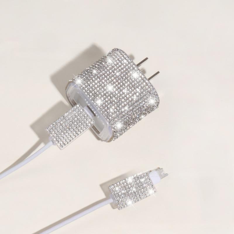 3-pieces Set Beautiful Shiny Stick Diamond Silicone Protective Cover for IPhone 14 20W Charger USB Cable Anti-Break Protector
