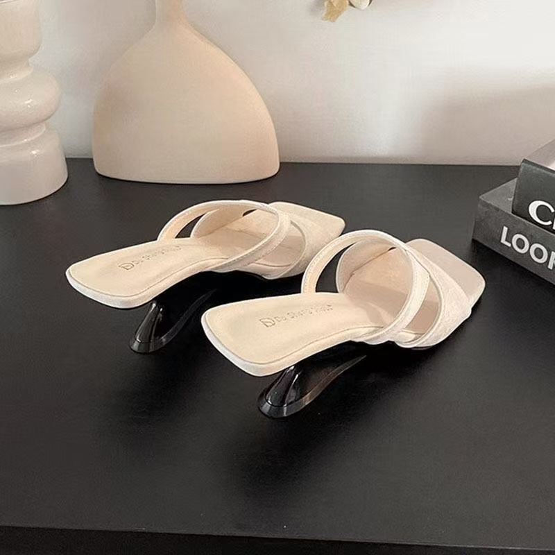 2025 summer new Korean version of high-heeled niche slippers women's shoes Internet celebrity versatile outer wear square toe sandals