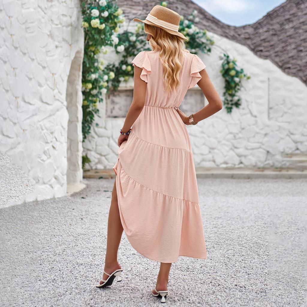 Damen Frühling Einfarbig V-Ausschnitt Kurze Lotusblattärmel Schlankes Kleid Sommer Lässig A-Linie Hohe Taille Lagen Lange Kleider S-XL