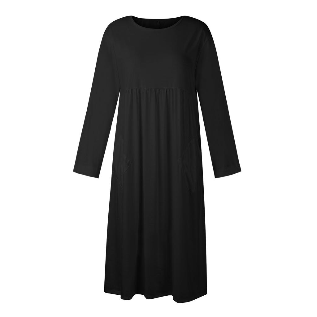 Women's Casual -neck Color Change Mid-length Dress Long-sleeved Dress With Pocket