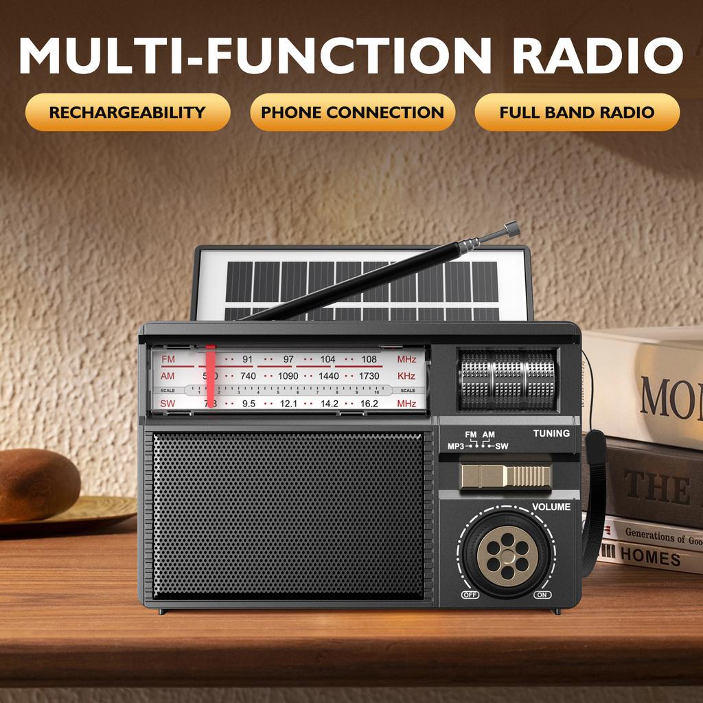 Retro přenosný Full Band rádiový přijímač Solární Bluetooth 5.2 Reproduktor Přehrávač hudby Podpora TF USB