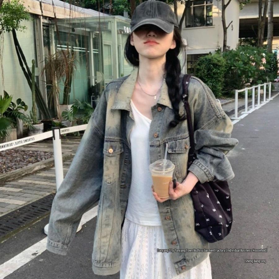Retro Washed Distressed Denim Jacket for Women - 2025 Loose Mid-Length Hong Kong Style, Spring/Autumn Fashion