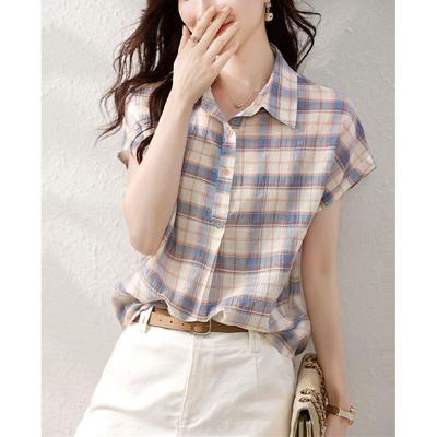 Refreshing Plaid Short-sleeved Shirt for Women's Summer New Classic Versatile POLO Collar Three-button Plaid Shirt for Women