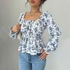 Square-Neck Puffed Sleep Top Fashion Square Collar Puff Sleeve Floral Long Sleeves Open Back