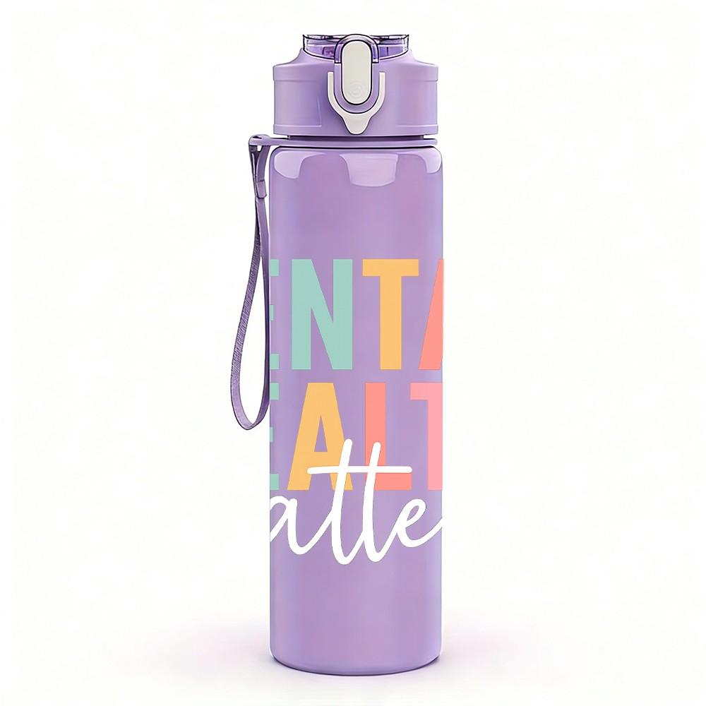 1PC Mental Health Color Letter Print 750ml Color Plastic Sports Water Bottle Leakproof Flip Straw Lid Suitable for Sports Office Home Use