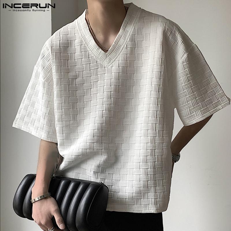 

INCERUN Летняя мужская тканая футболка с v-образным вырезом и короткими рукавами в клетку