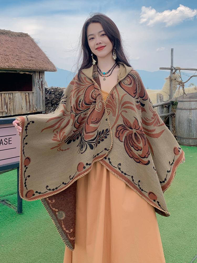 New  Autumn Winter Retro Print Scarf Women Layers Poncho Warm Sweet Elegant Scarve Capa Para Mujer Pashmina Cloak Wrap Shawl