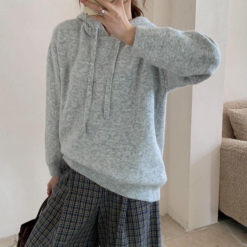 Solid Color Pullover Hoodie Sweater Women's Autumn and Winter New Retro Loose and Thin Lazy Style Knitted Sweater Jacket