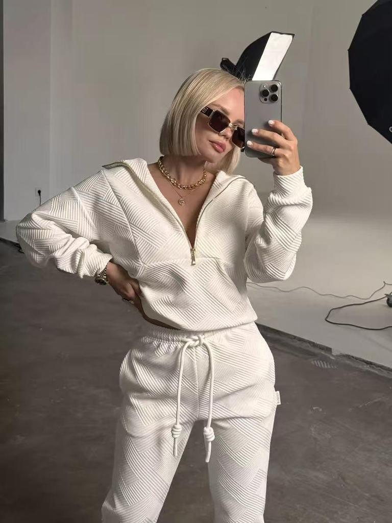 European & American Casual Women's Long-Sleeved Half-Zip Top with Tie-Up Pants Set