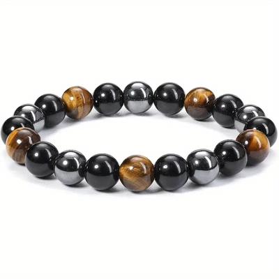 Pulsera de cuentas de piedras preciosas redondas naturales de obsidiana de 10 mm, hecha a mano, con cristales de protección y curación de buena suerte para hombres y mujeres.
